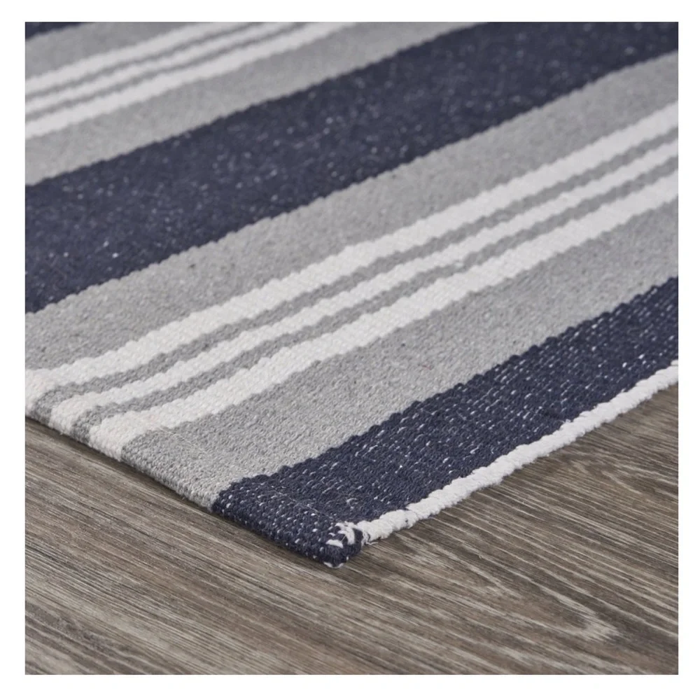 LR HOME 4 Ft. Coastal Cottage Striped Woven Accent Area Rug Navy Blue Grey White